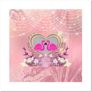 Elegant heart with flamingo and flowers Posters and Art